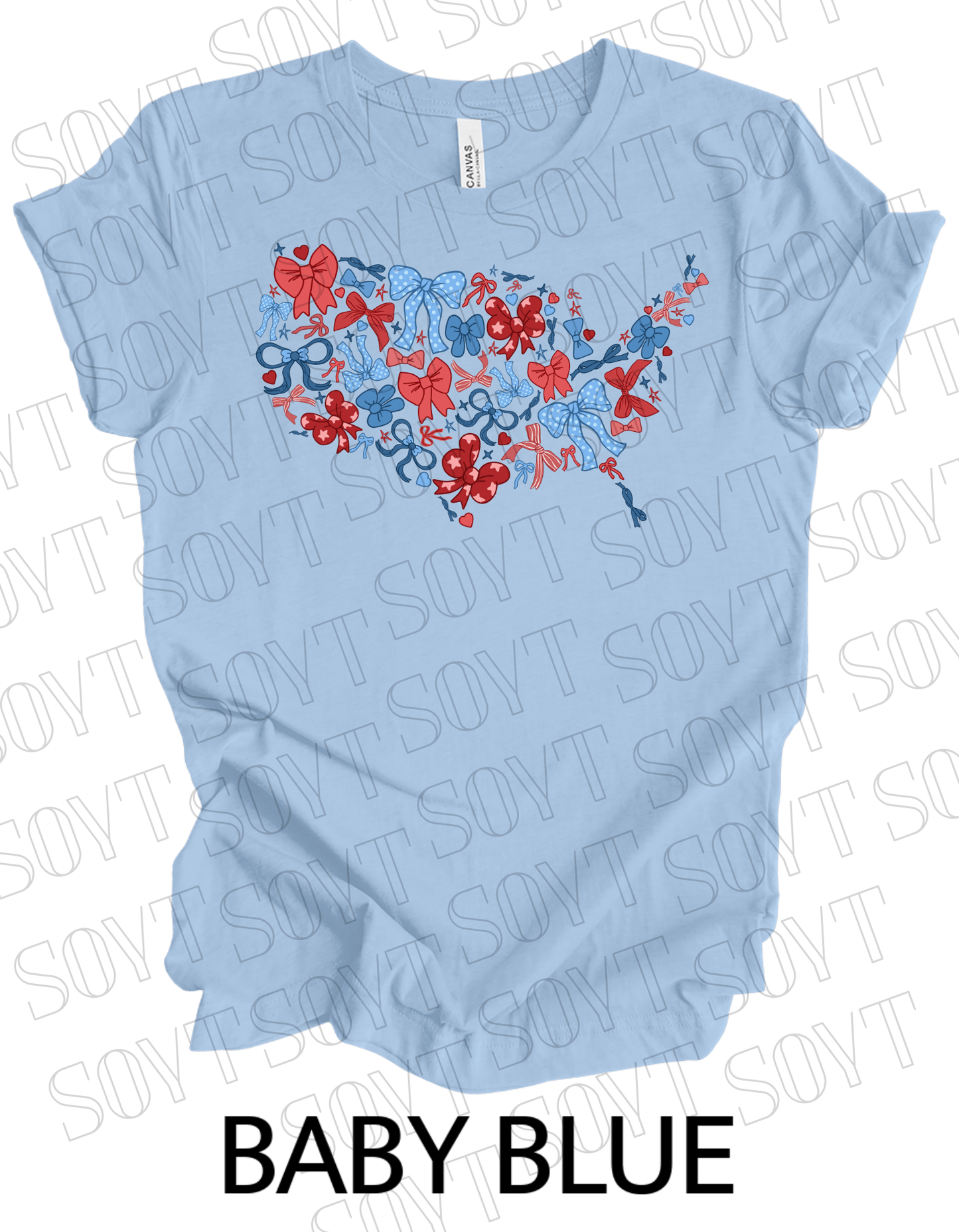 USA Bow Map T-Shirt – Cute Patriotic America Shape Tee with Bows | Made in USA - Festive Apparel StoreBaby Blue