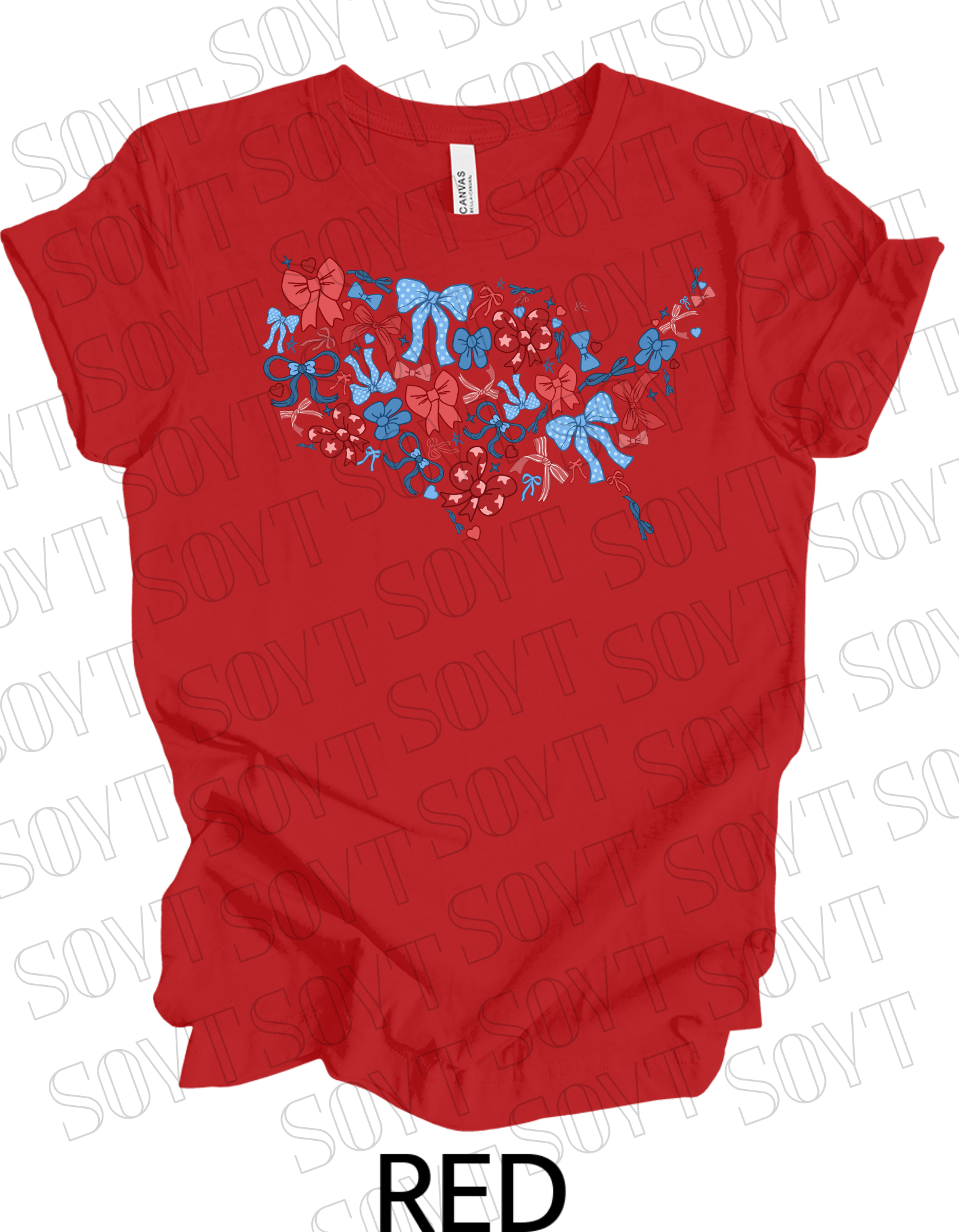 USA Bow Map T-Shirt – Cute Patriotic America Shape Tee with Bows | Made in USA - Festive Apparel StoreRed