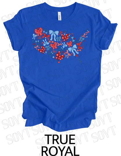 USA Bow Map T-Shirt – Cute Patriotic America Shape Tee with Bows | Made in USA - Festive Apparel StoreRoyal Blue