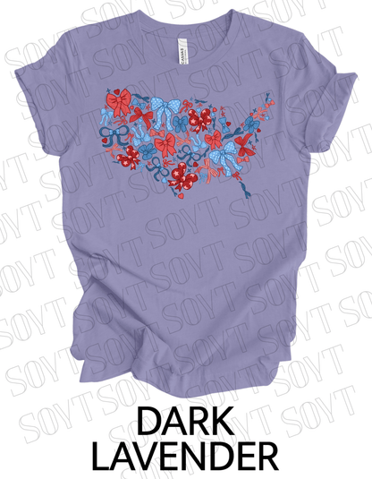 USA Bow Map T-Shirt – Cute Patriotic America Shape Tee with Bows | Made in USA - Festive Apparel StoreDark Lavender