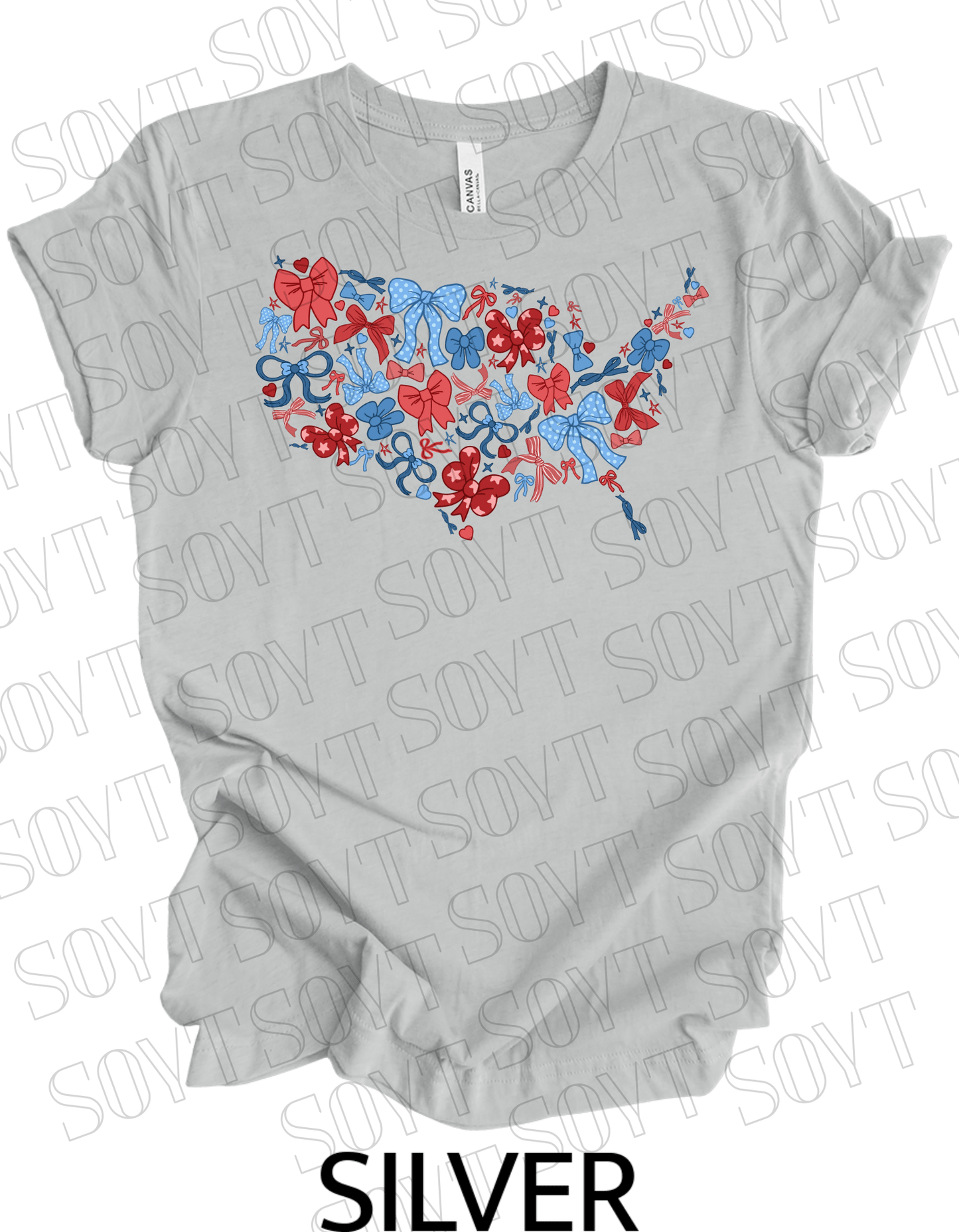USA Bow Map T-Shirt – Cute Patriotic America Shape Tee with Bows | Made in USA - Festive Apparel StoreSilver