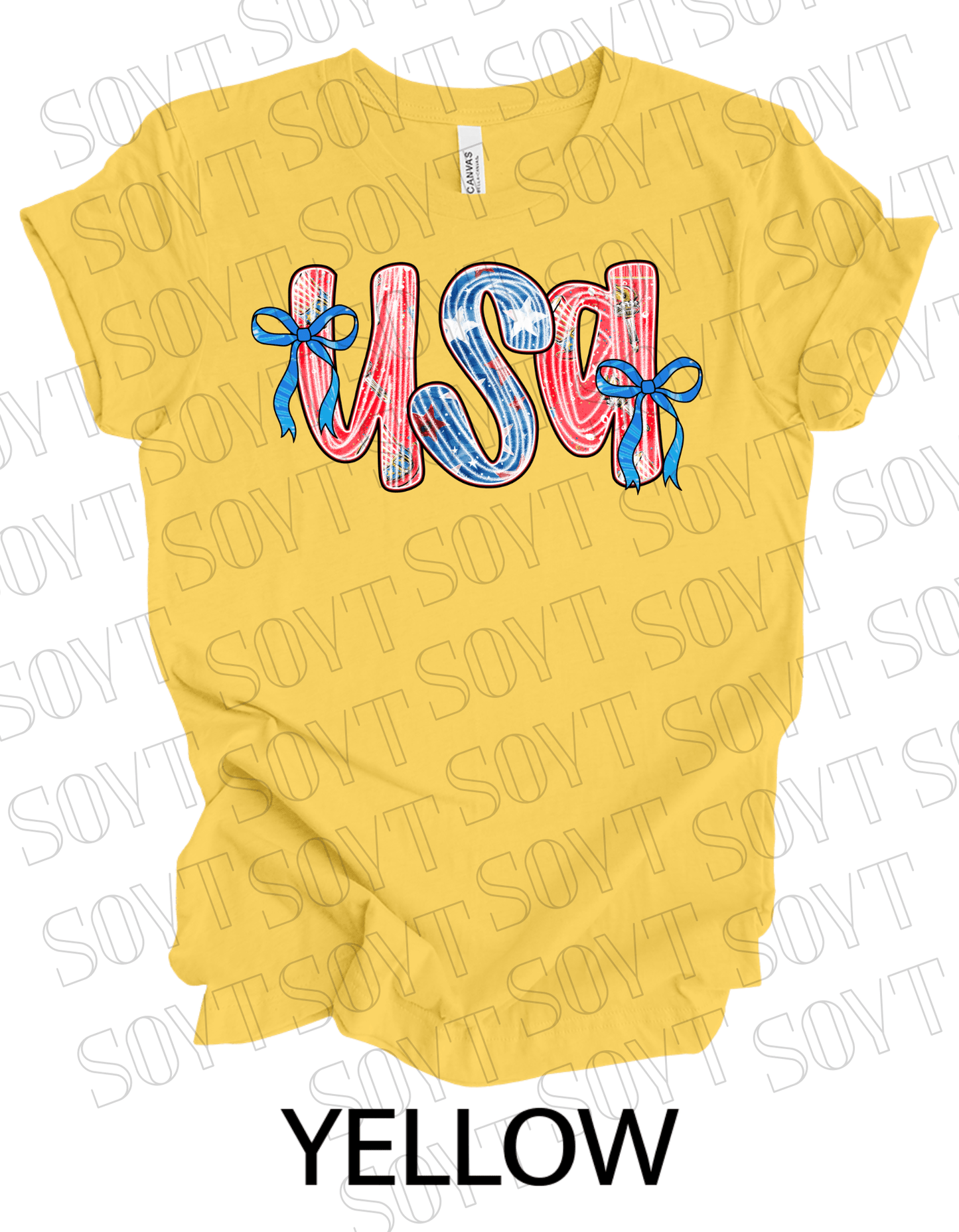 USA Bow Script Shirt – Patriotic 4th of July Tee with Red, White & Blue Stripes - Festive Apparel StoreYellow