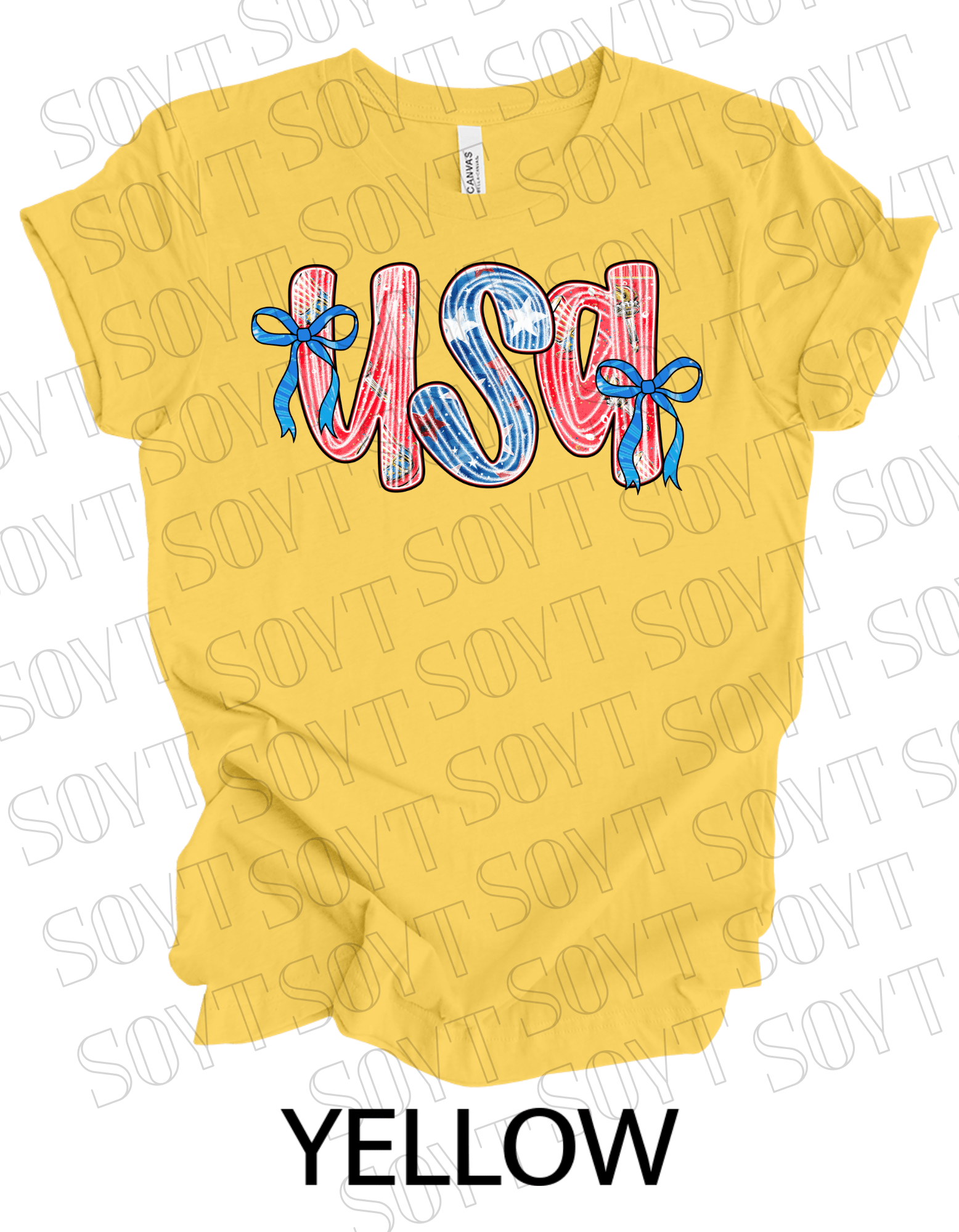 USA Bow Script Shirt – Patriotic 4th of July Tee with Red, White & Blue Stripes - Festive Apparel StoreYellow