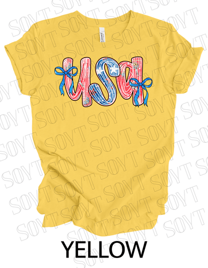 USA Bow Script Shirt – Patriotic 4th of July Tee with Red, White & Blue Stripes - Festive Apparel StoreYellow