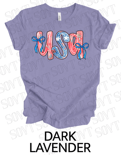 USA Bow Script Shirt – Patriotic 4th of July Tee with Red, White & Blue Stripes - Festive Apparel StoreDark Lavender