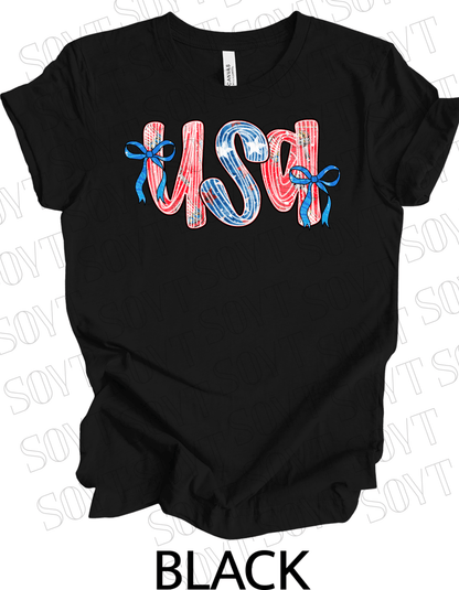 USA Bow Script Shirt – Patriotic 4th of July Tee with Red, White & Blue Stripes - Festive Apparel StoreBlack