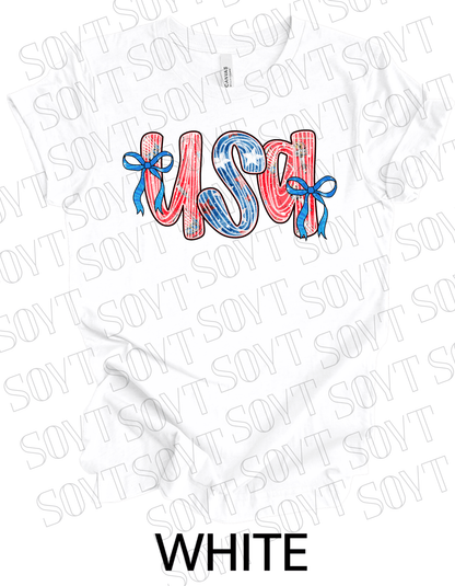 USA Bow Script Shirt – Patriotic 4th of July Tee with Red, White & Blue Stripes - Festive Apparel StoreWhite