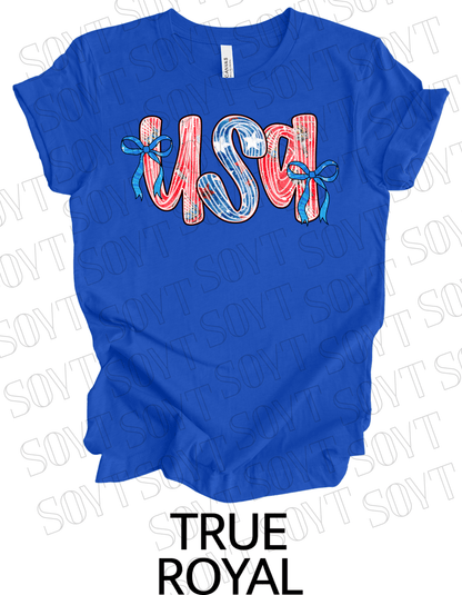 USA Bow Script Shirt – Patriotic 4th of July Tee with Red, White & Blue Stripes - Festive Apparel StoreRoyal Blue