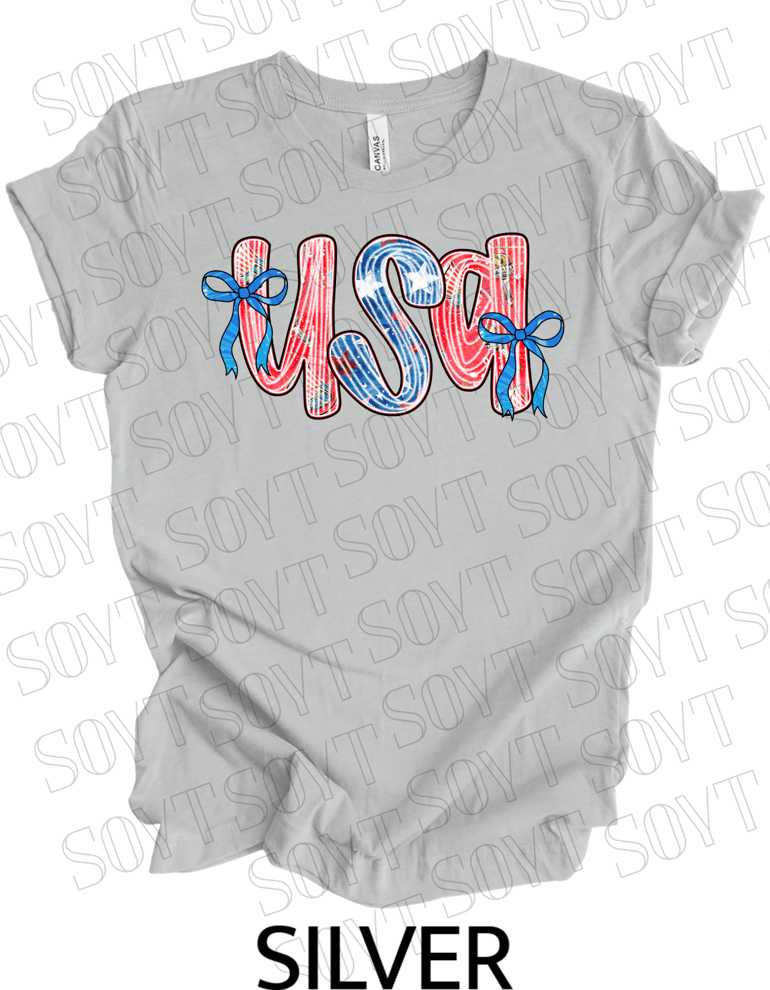 USA Bow Script Shirt – Patriotic 4th of July Tee with Red, White & Blue Stripes - Festive Apparel StoreSilver