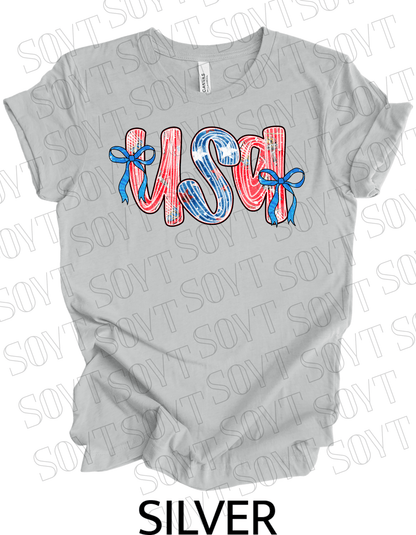 USA Bow Script Shirt – Patriotic 4th of July Tee with Red, White & Blue Stripes - Festive Apparel StoreSilver