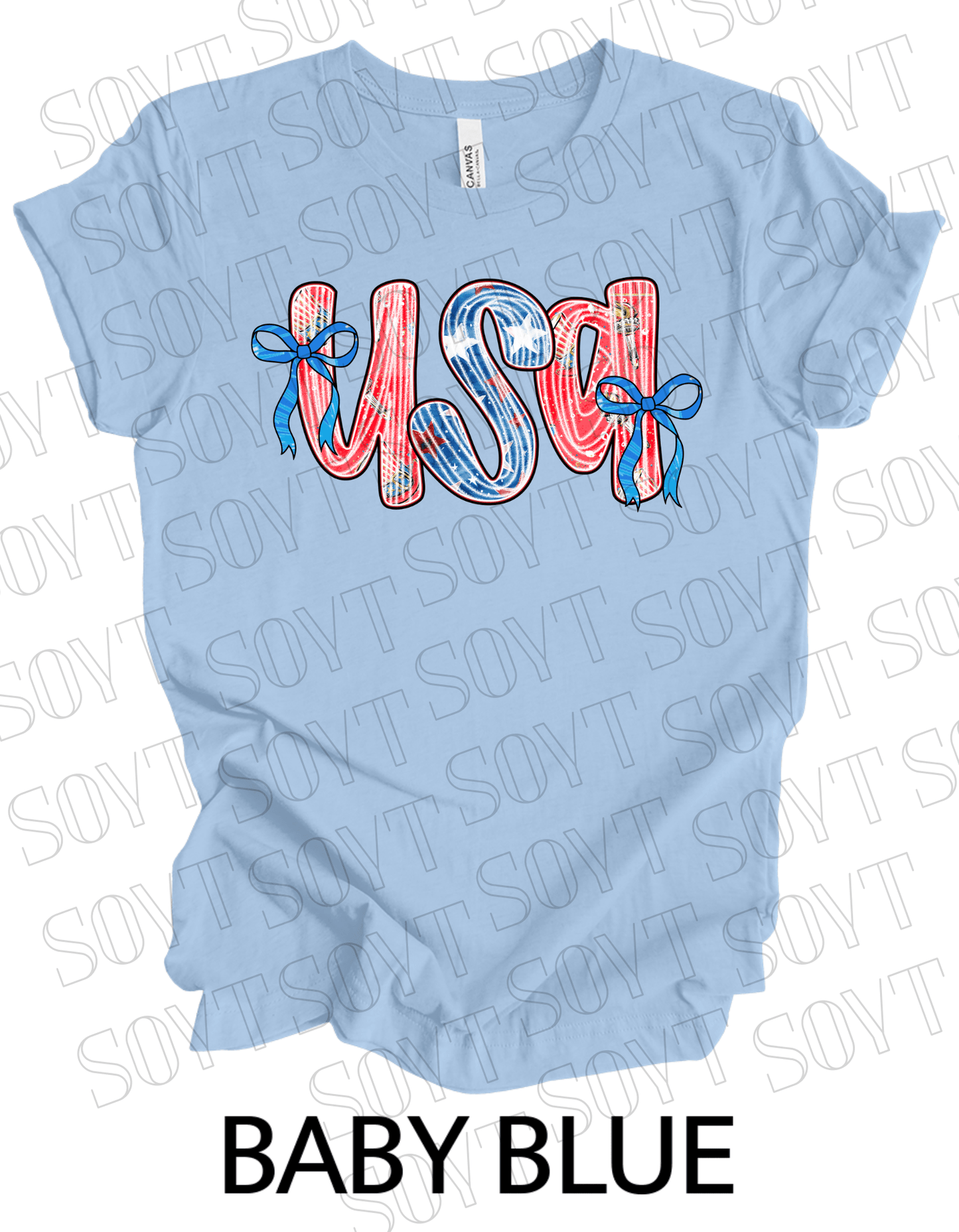 USA Bow Script Shirt – Patriotic 4th of July Tee with Red, White & Blue Stripes - Festive Apparel StoreBaby Blue