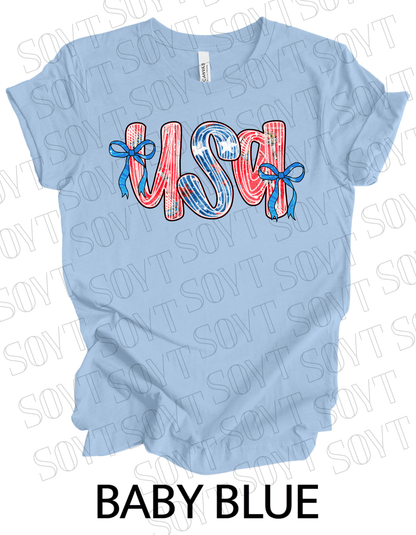 USA Bow Script Shirt – Patriotic 4th of July Tee with Red, White & Blue Stripes - Festive Apparel StoreBaby Blue