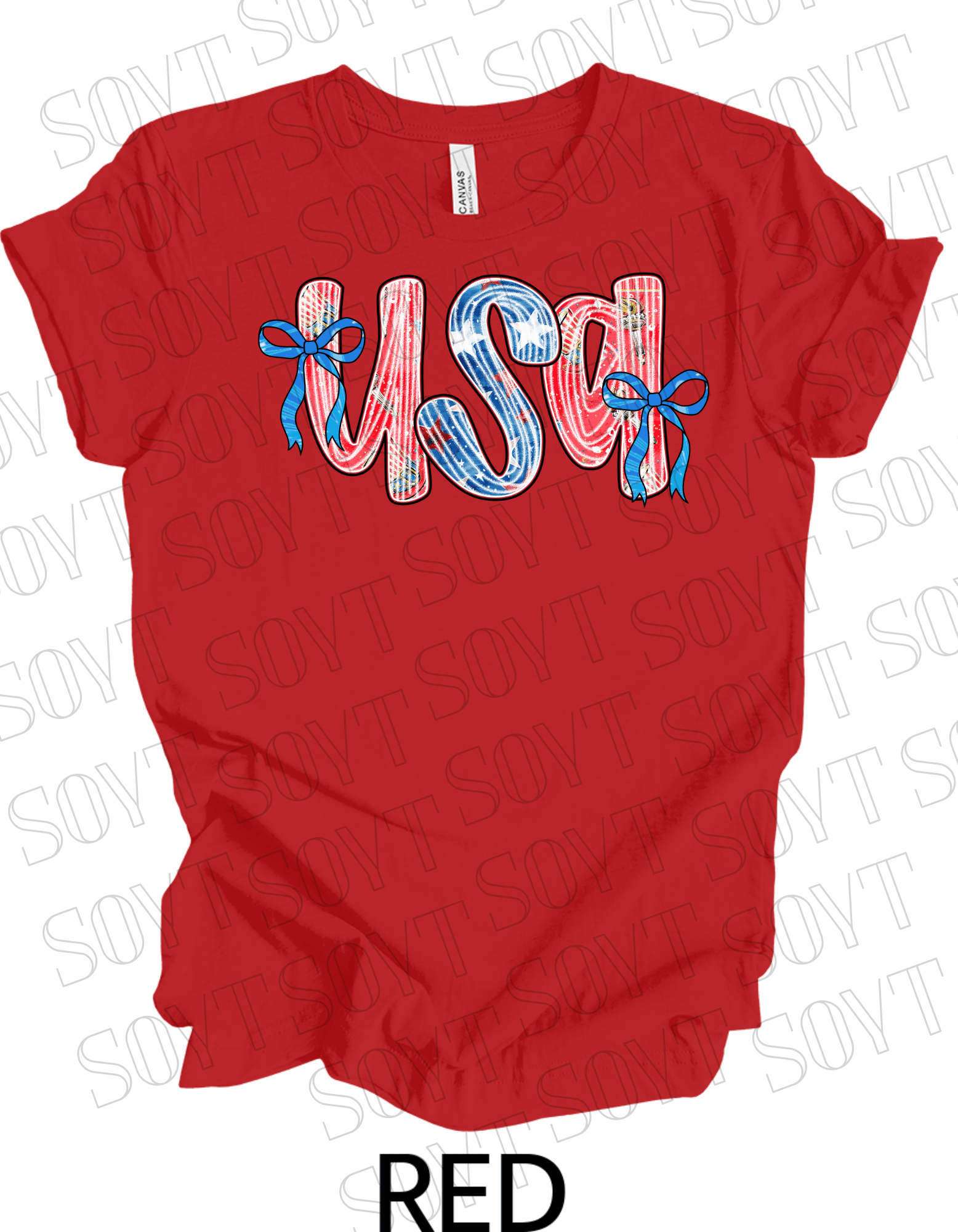 USA Bow Script Shirt – Patriotic 4th of July Tee with Red, White & Blue Stripes - Festive Apparel StoreRed