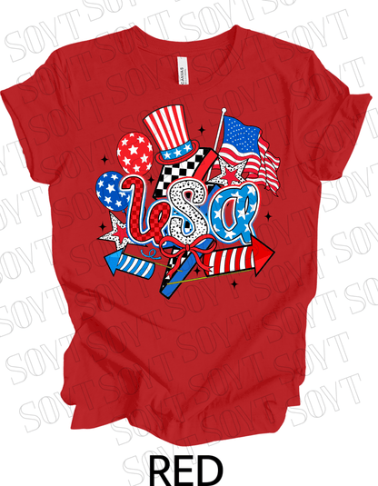 USA Celebration T-Shirt – Patriotic Party Graphic Tee with Fireworks & Flag | Made in USA - Festive Apparel StoreRed