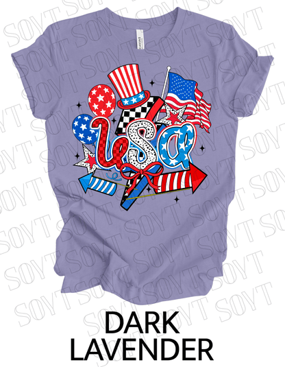 USA Celebration T-Shirt – Patriotic Party Graphic Tee with Fireworks & Flag | Made in USA - Festive Apparel StoreDark Lavender