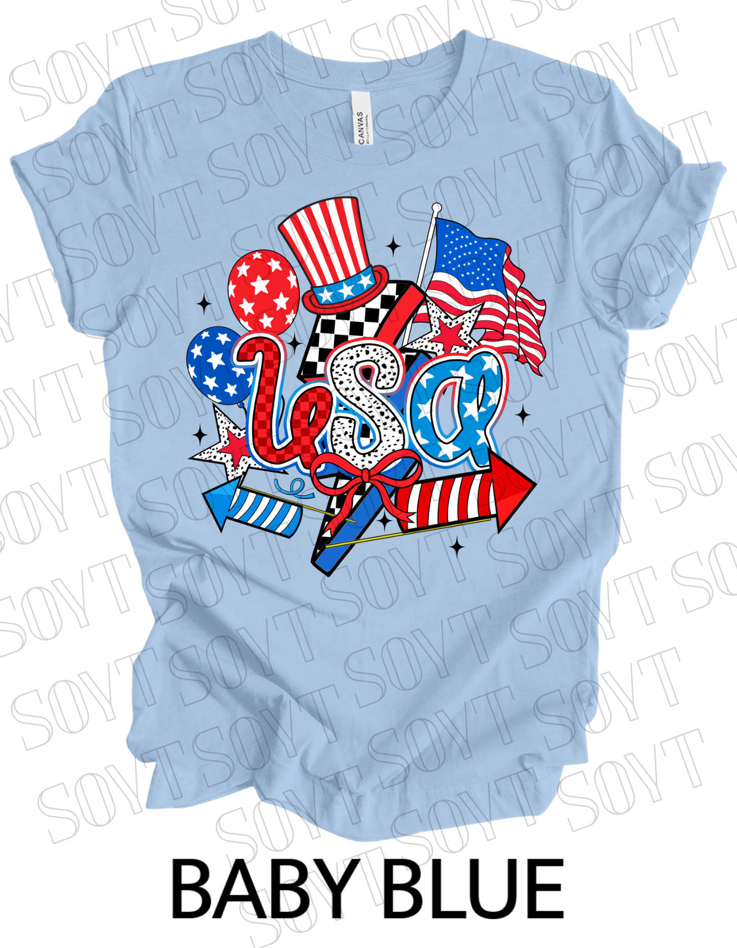 USA Celebration T-Shirt – Patriotic Party Graphic Tee with Fireworks & Flag | Made in USA - Festive Apparel StoreBaby Blue