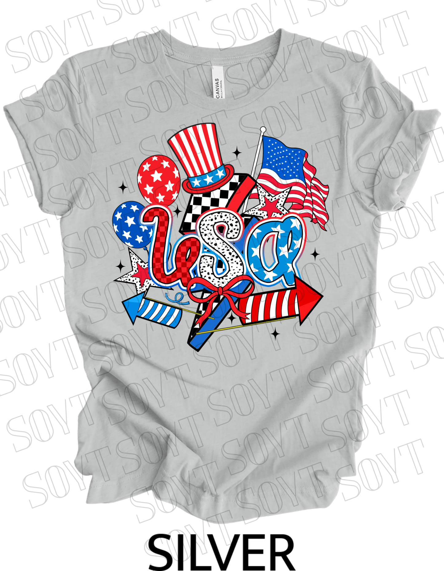 USA Celebration T-Shirt – Patriotic Party Graphic Tee with Fireworks & Flag | Made in USA - Festive Apparel StoreSilver