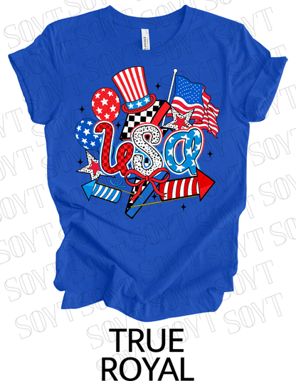 USA Celebration T-Shirt – Patriotic Party Graphic Tee with Fireworks & Flag | Made in USA - Festive Apparel StoreRoyal Blue