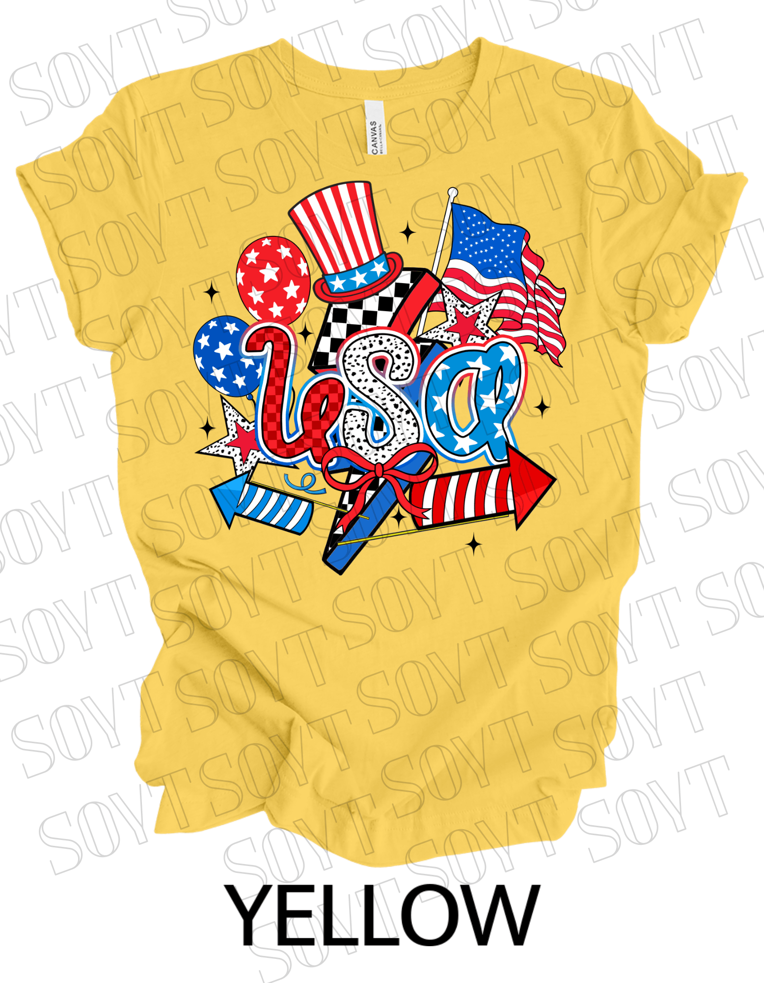 USA Celebration T-Shirt – Patriotic Party Graphic Tee with Fireworks & Flag | Made in USA - Festive Apparel StoreYellow