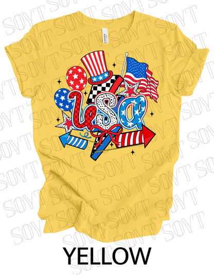 USA Celebration T-Shirt – Patriotic Party Graphic Tee with Fireworks & Flag | Made in USA - Festive Apparel StoreYellow
