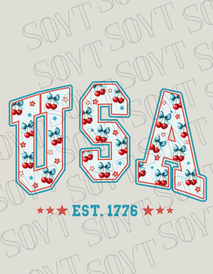 USA Cherry Bow T-Shirt – Bella+Canvas Retro Patriotic Tee - Festive Apparel StoreRed