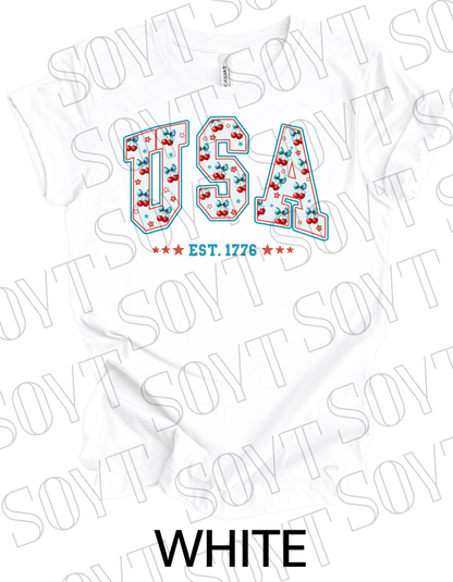 USA Cherry Bow T-Shirt – Bella+Canvas Retro Patriotic Tee - Festive Apparel StoreWhite