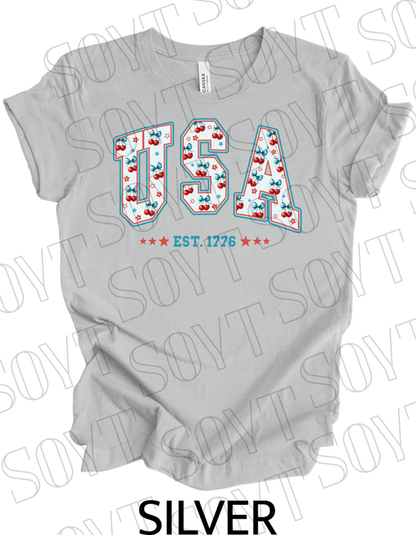 USA Cherry Bow T-Shirt – Bella+Canvas Retro Patriotic Tee - Festive Apparel StoreSilver