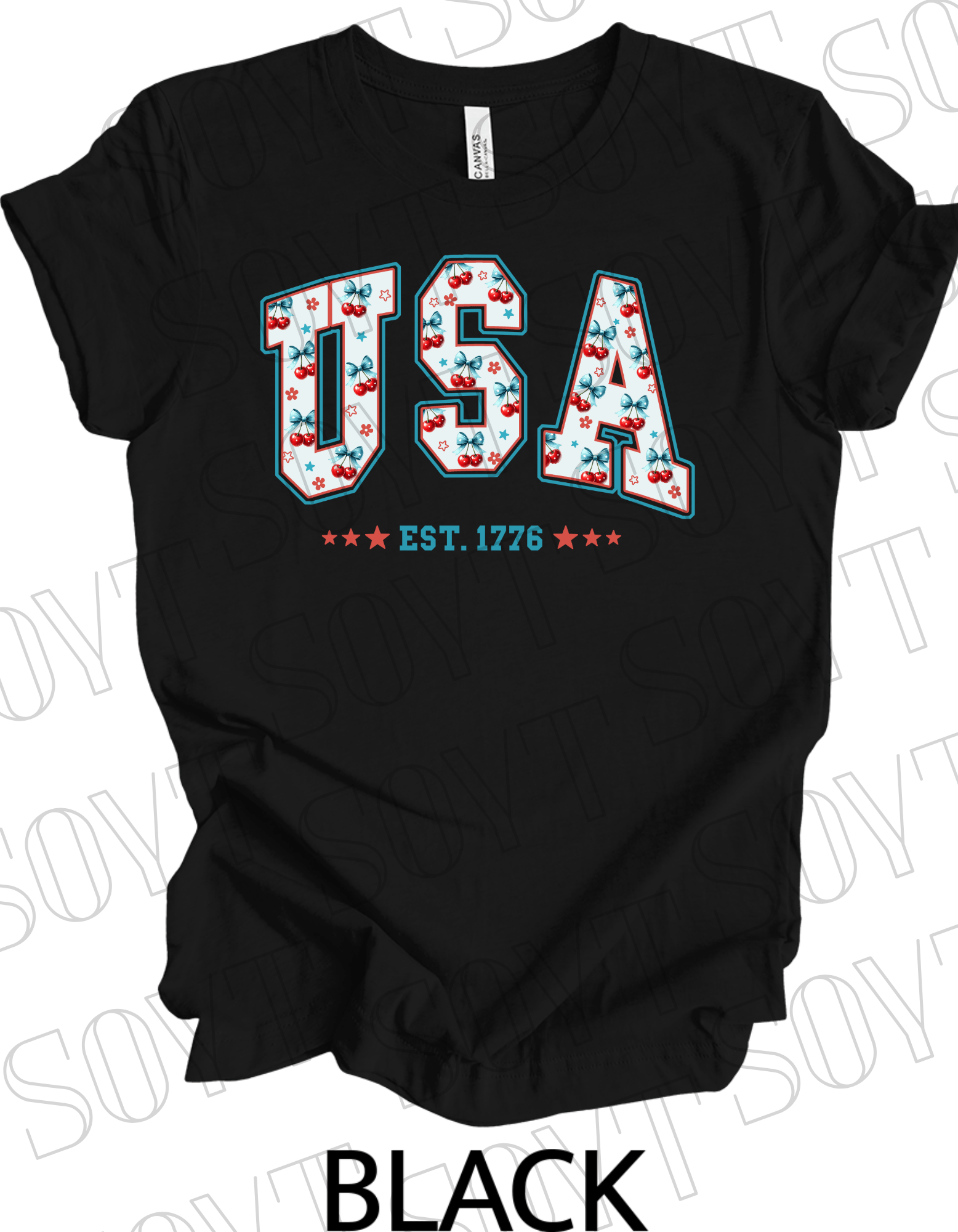 USA Cherry Bow T-Shirt – Bella+Canvas Retro Patriotic Tee - Festive Apparel StoreBlack