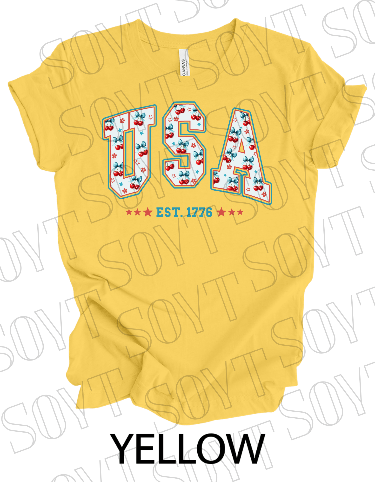 USA Cherry Bow T-Shirt – Bella+Canvas Retro Patriotic Tee - Festive Apparel StoreYellow