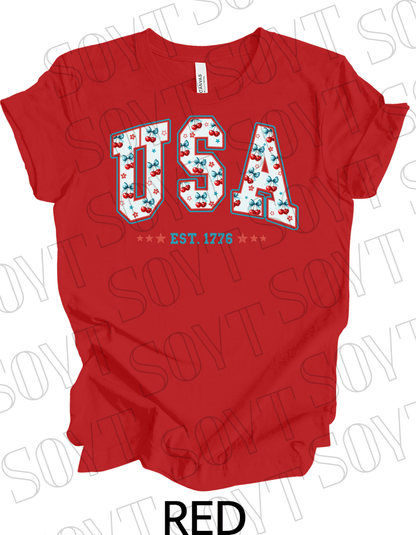USA Cherry Bow T-Shirt – Bella+Canvas Retro Patriotic Tee - Festive Apparel StoreRed