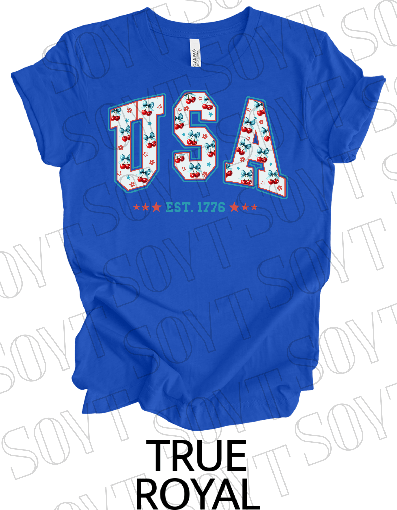 USA Cherry Bow T-Shirt – Bella+Canvas Retro Patriotic Tee - Festive Apparel StoreRoyal Blue