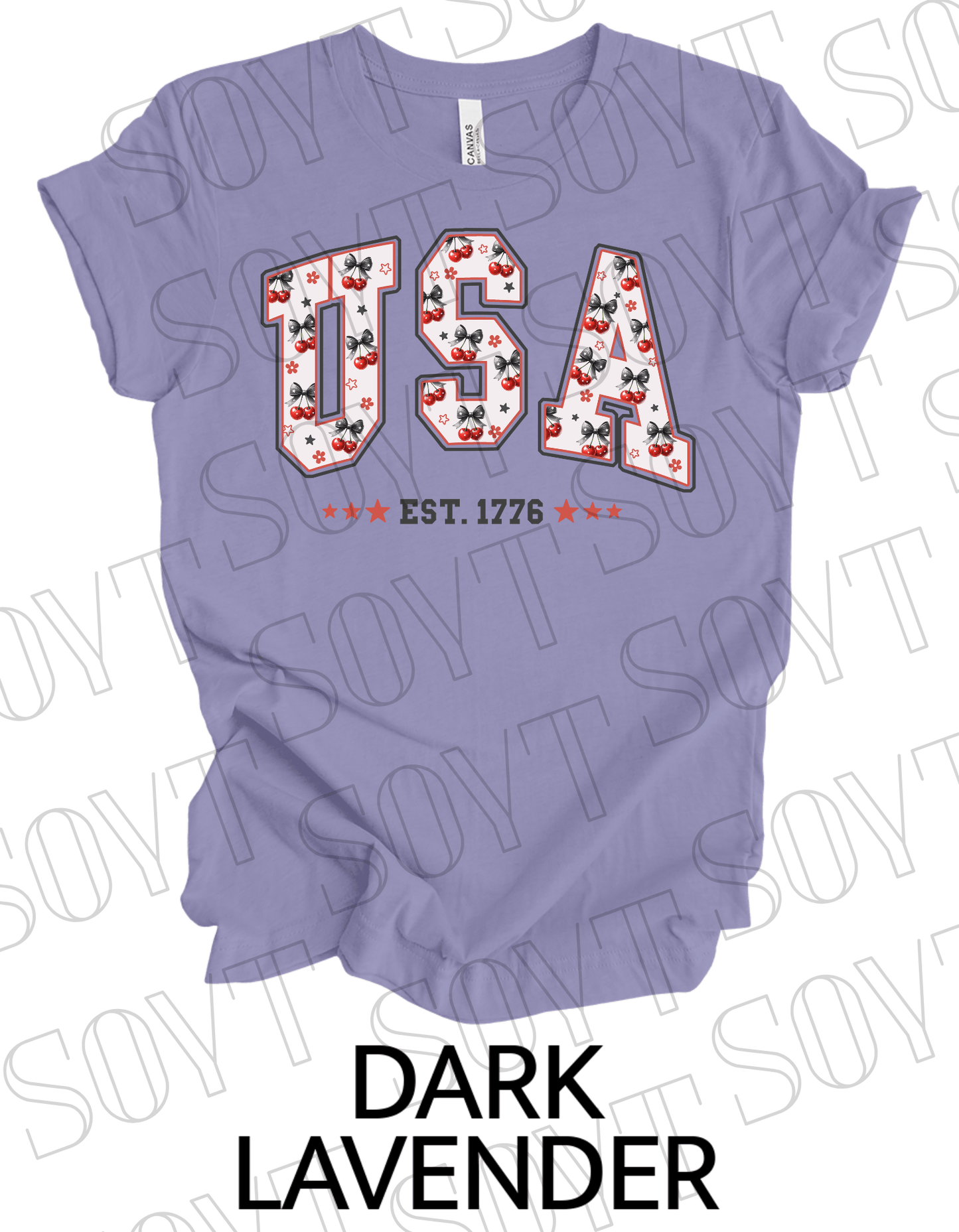USA Cherry Bow T-Shirt – Bella+Canvas Retro Patriotic Tee - Festive Apparel StoreDark Lavender