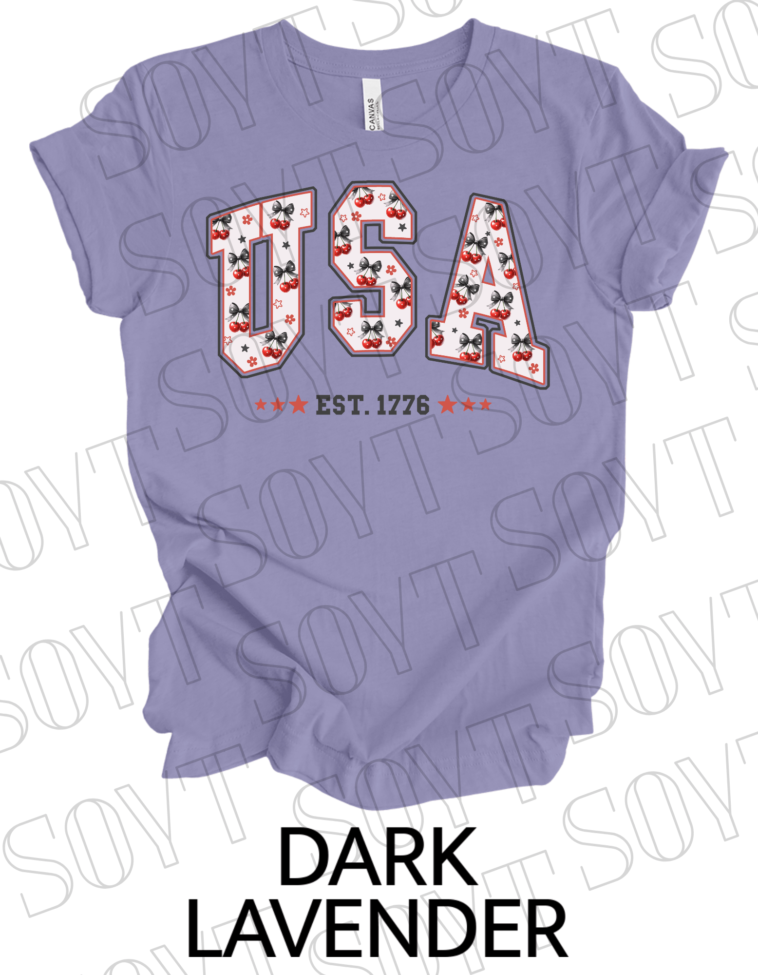 USA Cherry Bow T-Shirt – Bella+Canvas Retro Patriotic Tee - Festive Apparel StoreDark Lavender