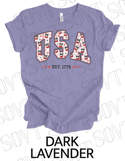 USA Cherry Bow T-Shirt – Bella+Canvas Retro Patriotic Tee - Festive Apparel StoreDark Lavender