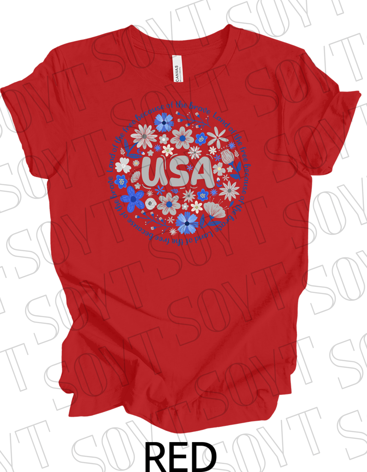 USA Floral Wreath T-Shirt – Bella+Canvas Patriotic Quote Tee - Festive Apparel StoreRed