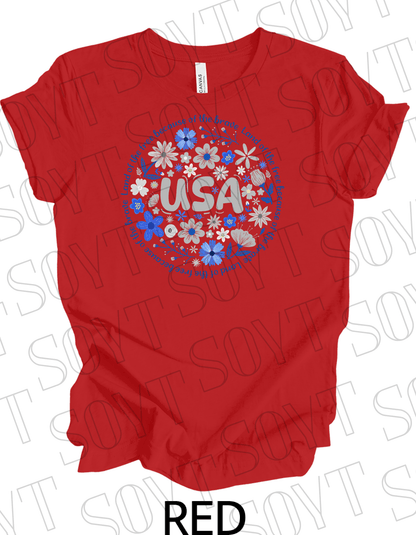 USA Floral Wreath T-Shirt – Bella+Canvas Patriotic Quote Tee - Festive Apparel StoreRed
