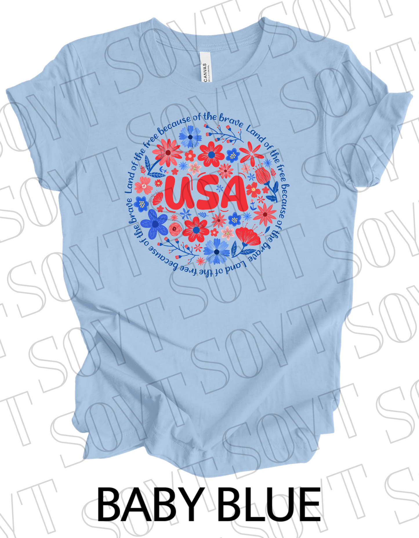 USA Floral Wreath T-Shirt – Bella+Canvas Patriotic Quote Tee - Festive Apparel StoreBaby Blue