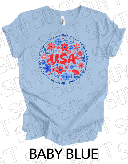 USA Floral Wreath T-Shirt – Bella+Canvas Patriotic Quote Tee - Festive Apparel StoreBaby Blue