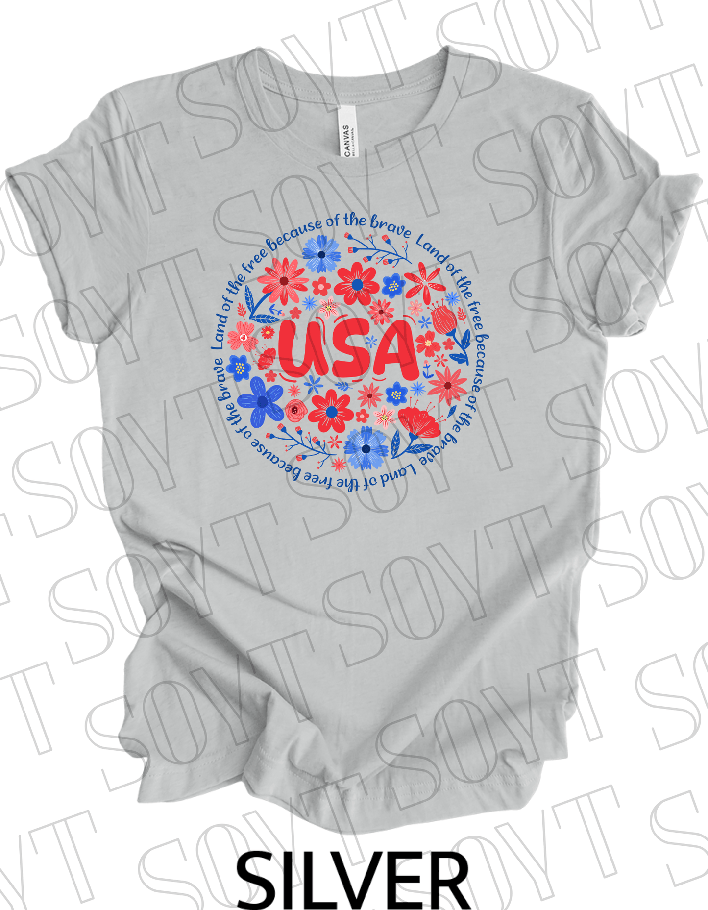 USA Floral Wreath T-Shirt – Bella+Canvas Patriotic Quote Tee - Festive Apparel StoreSilver