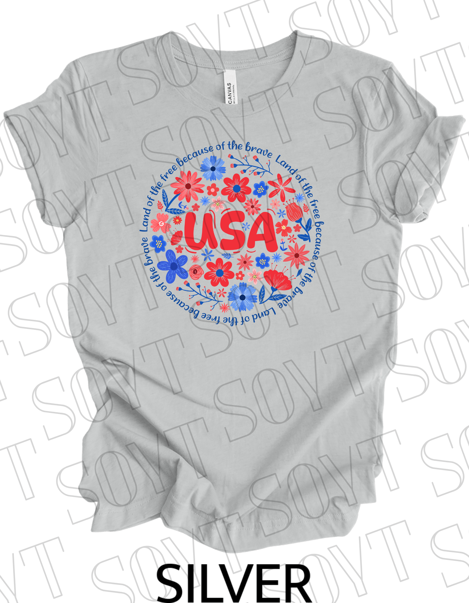 USA Floral Wreath T-Shirt – Bella+Canvas Patriotic Quote Tee - Festive Apparel StoreSilver