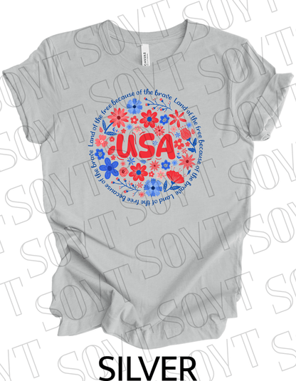 USA Floral Wreath T-Shirt – Bella+Canvas Patriotic Quote Tee - Festive Apparel StoreSilver