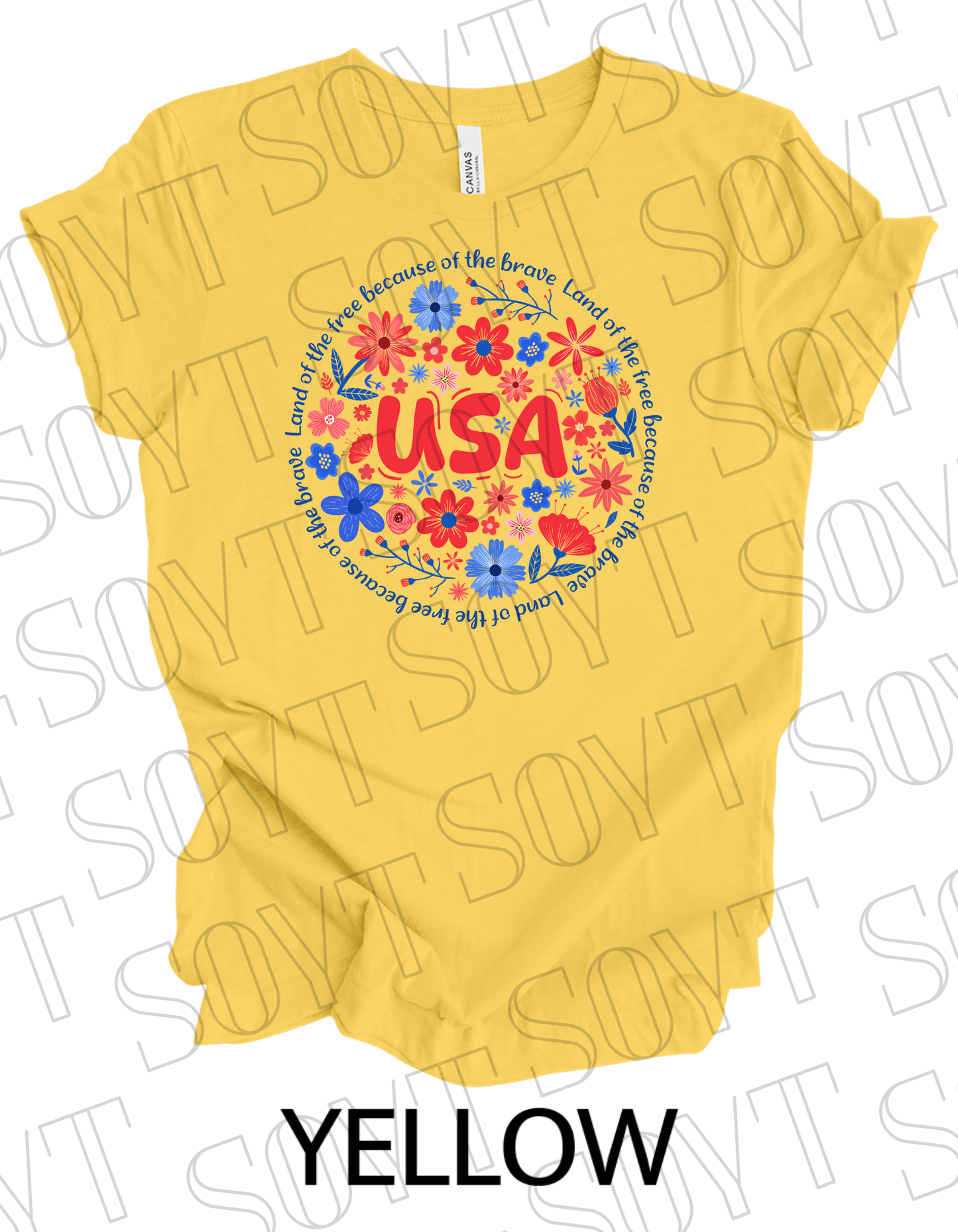 USA Floral Wreath T-Shirt – Bella+Canvas Patriotic Quote Tee - Festive Apparel StoreYellow