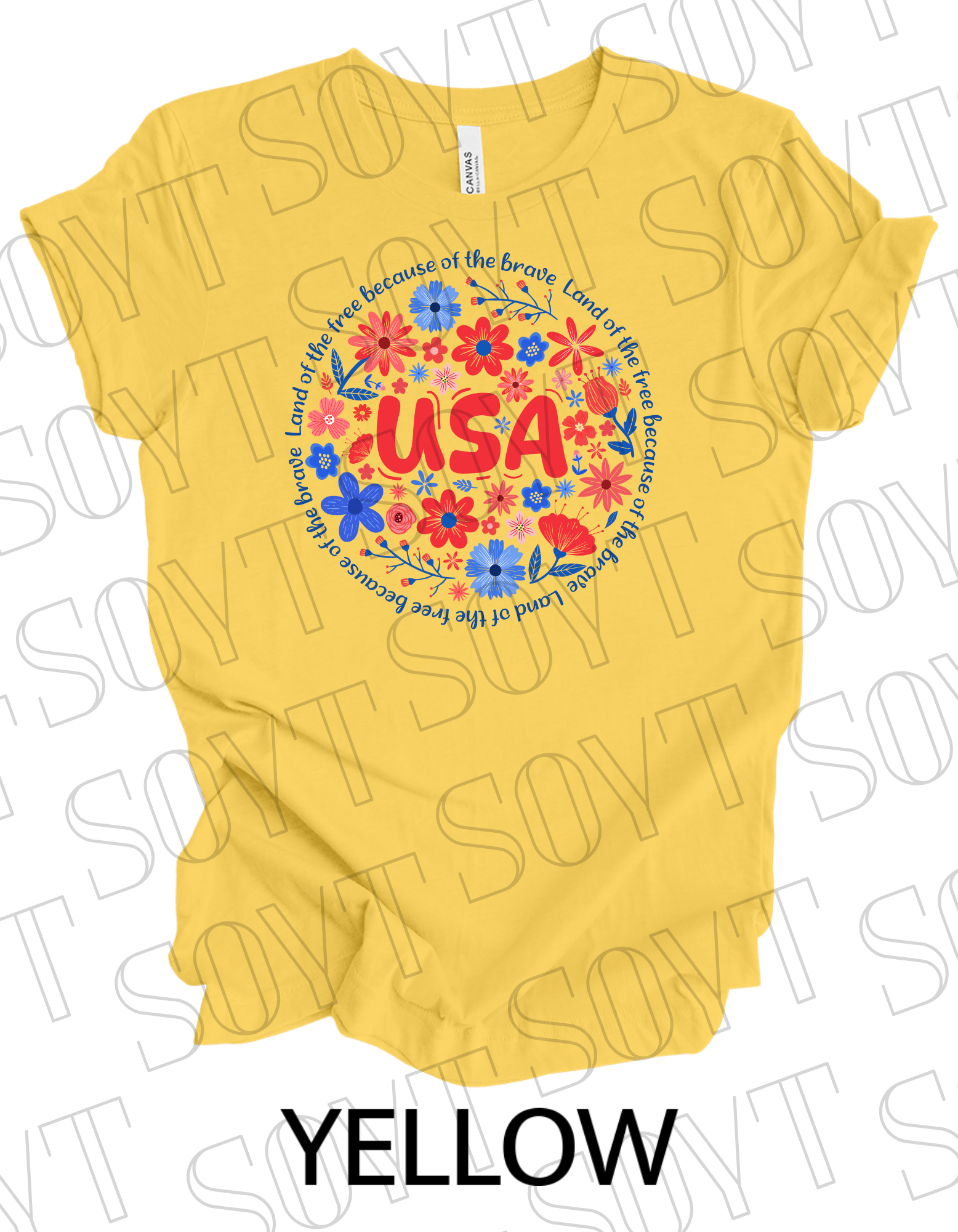 USA Floral Wreath T-Shirt – Bella+Canvas Patriotic Quote Tee - Festive Apparel StoreYellow