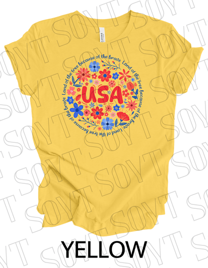 USA Floral Wreath T-Shirt – Bella+Canvas Patriotic Quote Tee - Festive Apparel StoreYellow