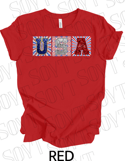 USA Glitter Block T-Shirt – Bella+Canvas Patriotic Squares Tee - Festive Apparel StoreRed