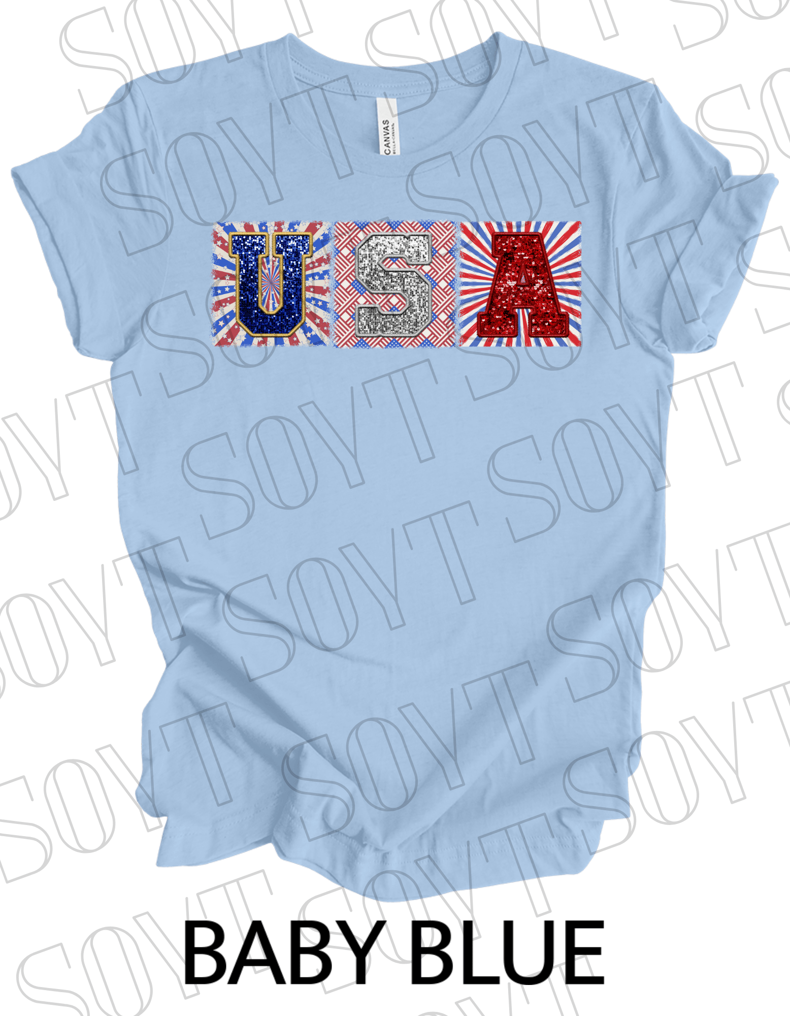 USA Glitter Block T-Shirt – Bella+Canvas Patriotic Squares Tee - Festive Apparel StoreBaby Blue