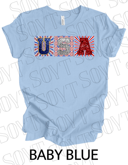 USA Glitter Block T-Shirt – Bella+Canvas Patriotic Squares Tee - Festive Apparel StoreBaby Blue