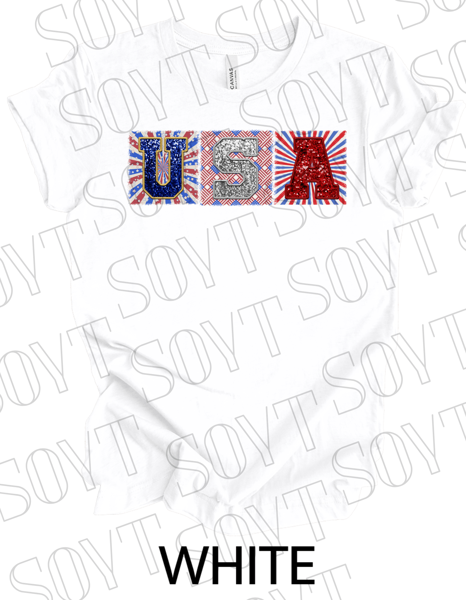 USA Glitter Block T-Shirt – Bella+Canvas Patriotic Squares Tee - Festive Apparel StoreWhite