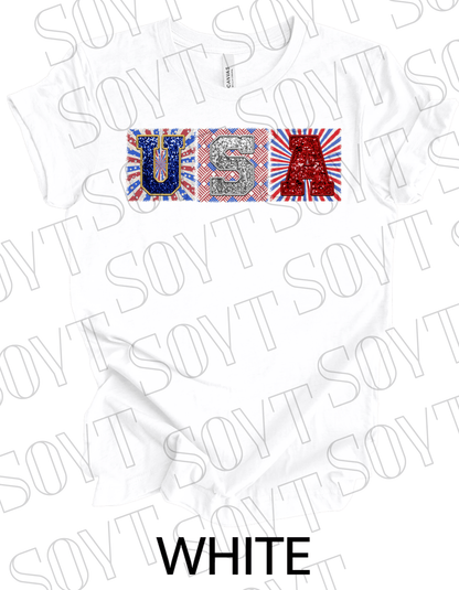 USA Glitter Block T-Shirt – Bella+Canvas Patriotic Squares Tee - Festive Apparel StoreWhite