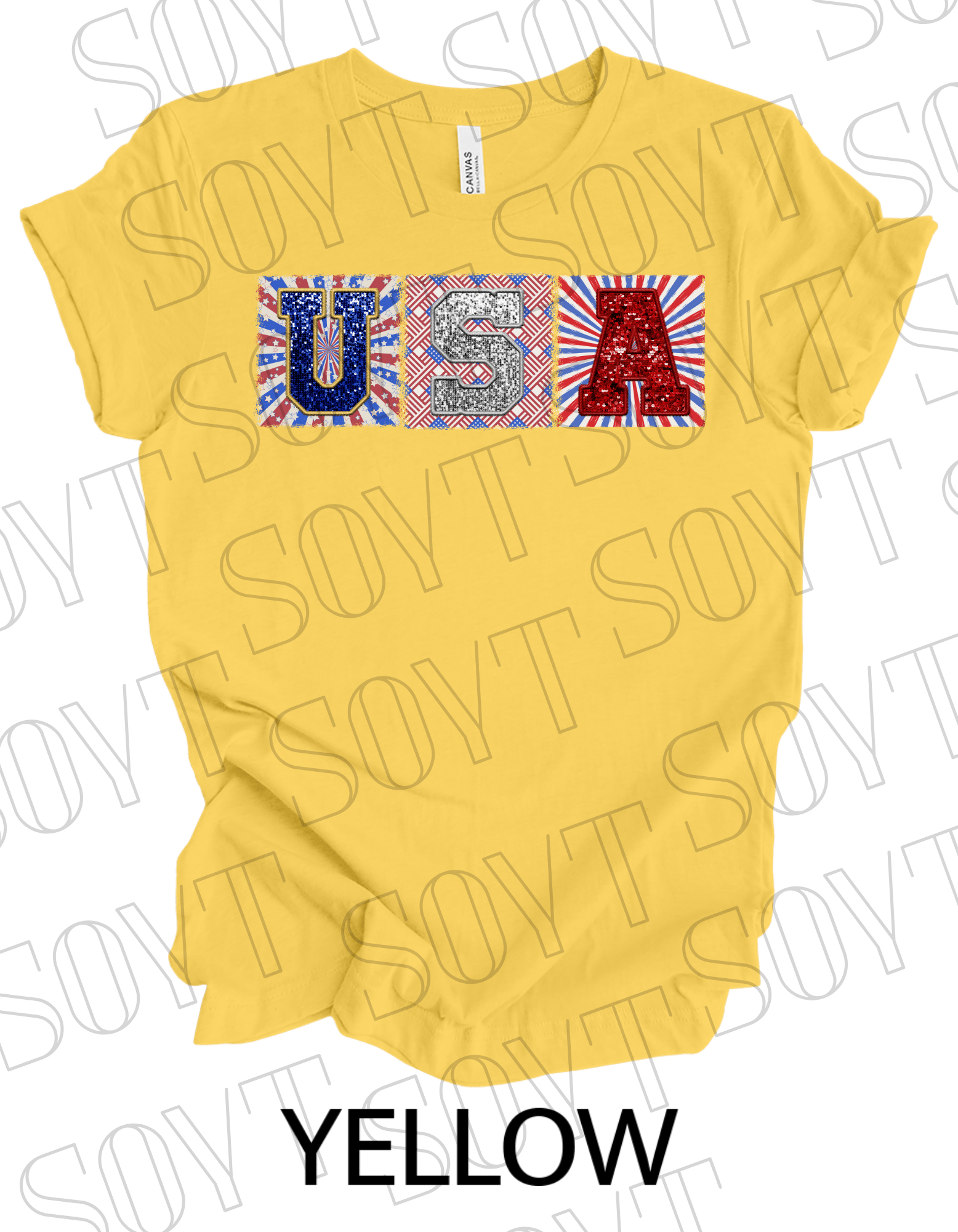 USA Glitter Block T-Shirt – Bella+Canvas Patriotic Squares Tee - Festive Apparel StoreYellow
